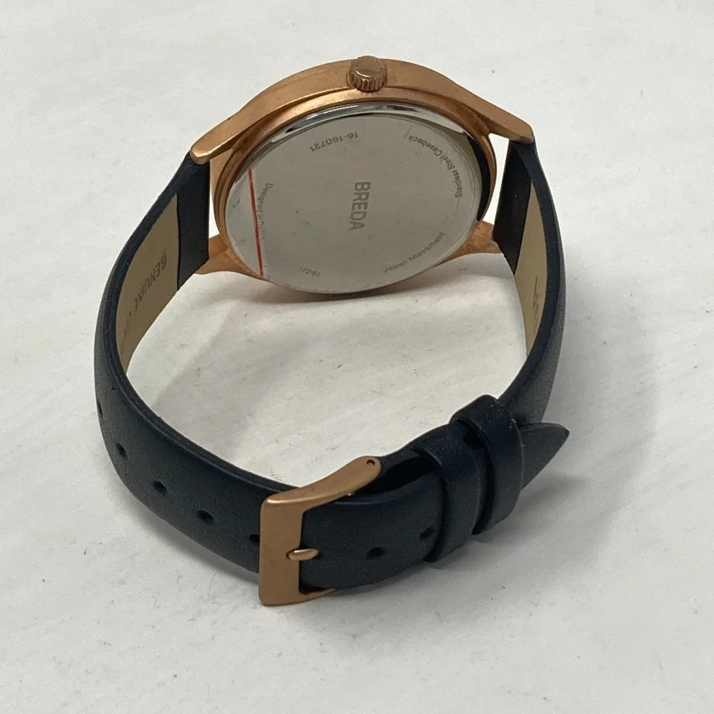 Breda Watch Men Women 40mm Rose Gold Tone Matte Black Leather New Battery 9